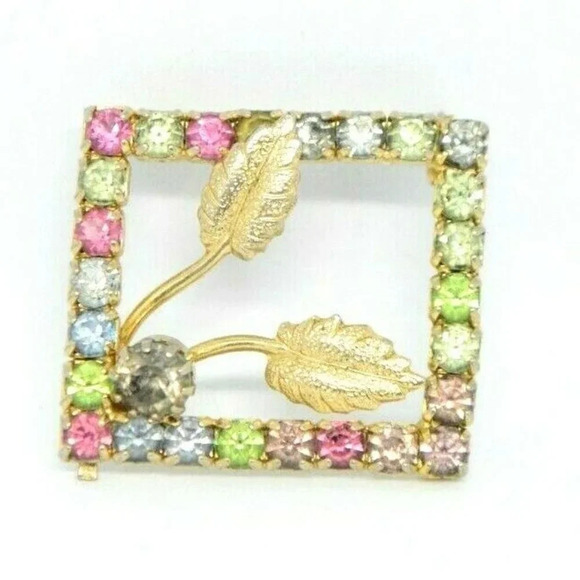 Multi-Color Pastel Rhinestone Rectangle Leaf Pin - Picture 1 of 5
